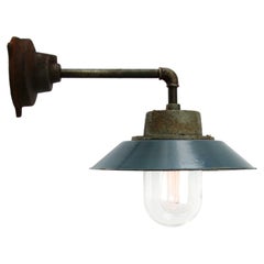 Blue Enamel Vintage Industrial Cast Iron Arm Clear Glass Wall Lamp 