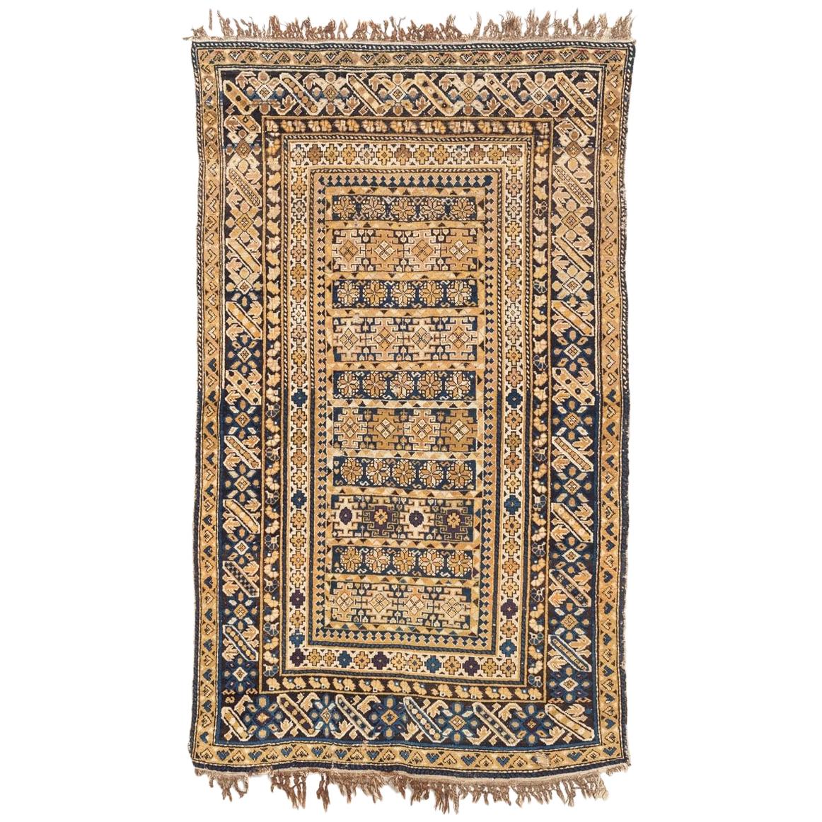Antique Kuba Caucasian Tan and Blue Handmade Wool Floor Rug, Late 1800s For Sale