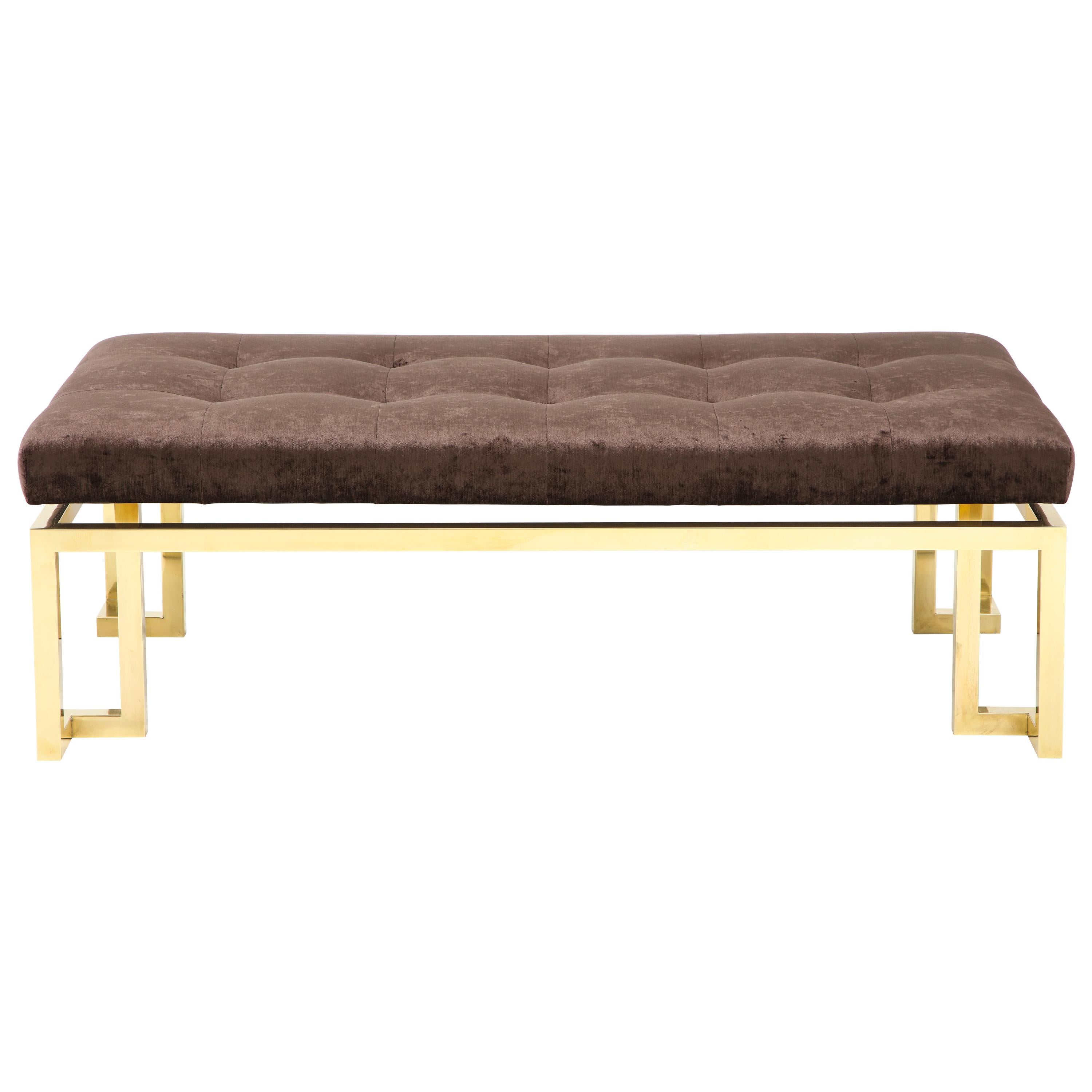 Beautiful Large Brass Greek Key Upholstered Bench