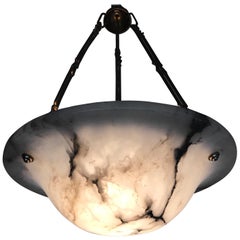 Stunning Shape Arts and Crafts era White and Black Veins Alabaster Pendant Light