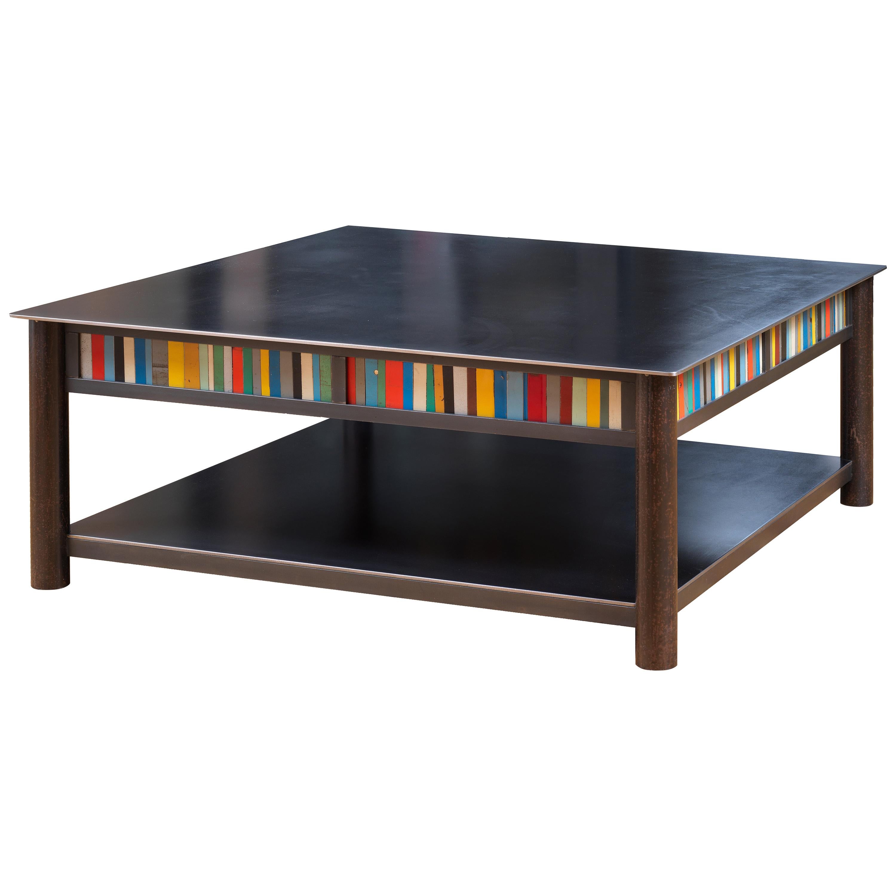 Jim Rose Steel Furniture - Square Coffee Table with Shelf and Multi-Color Panels