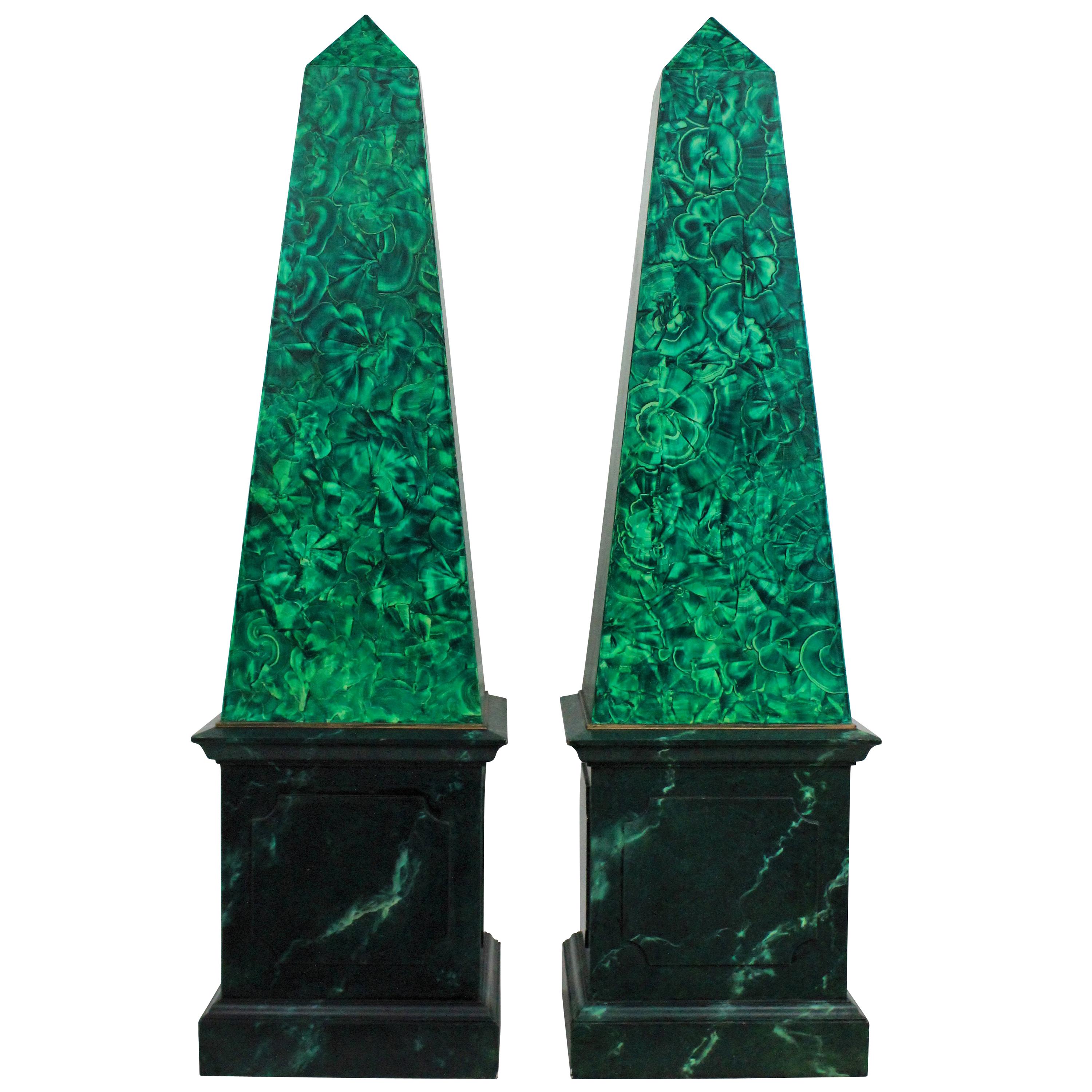 Pair of Large Faux Malachite Obelisks