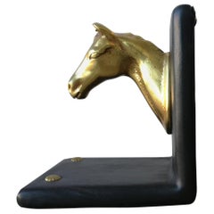 Antique Pair of Midcentury Brass Horse Sculpture and Brown Leather French Bookends