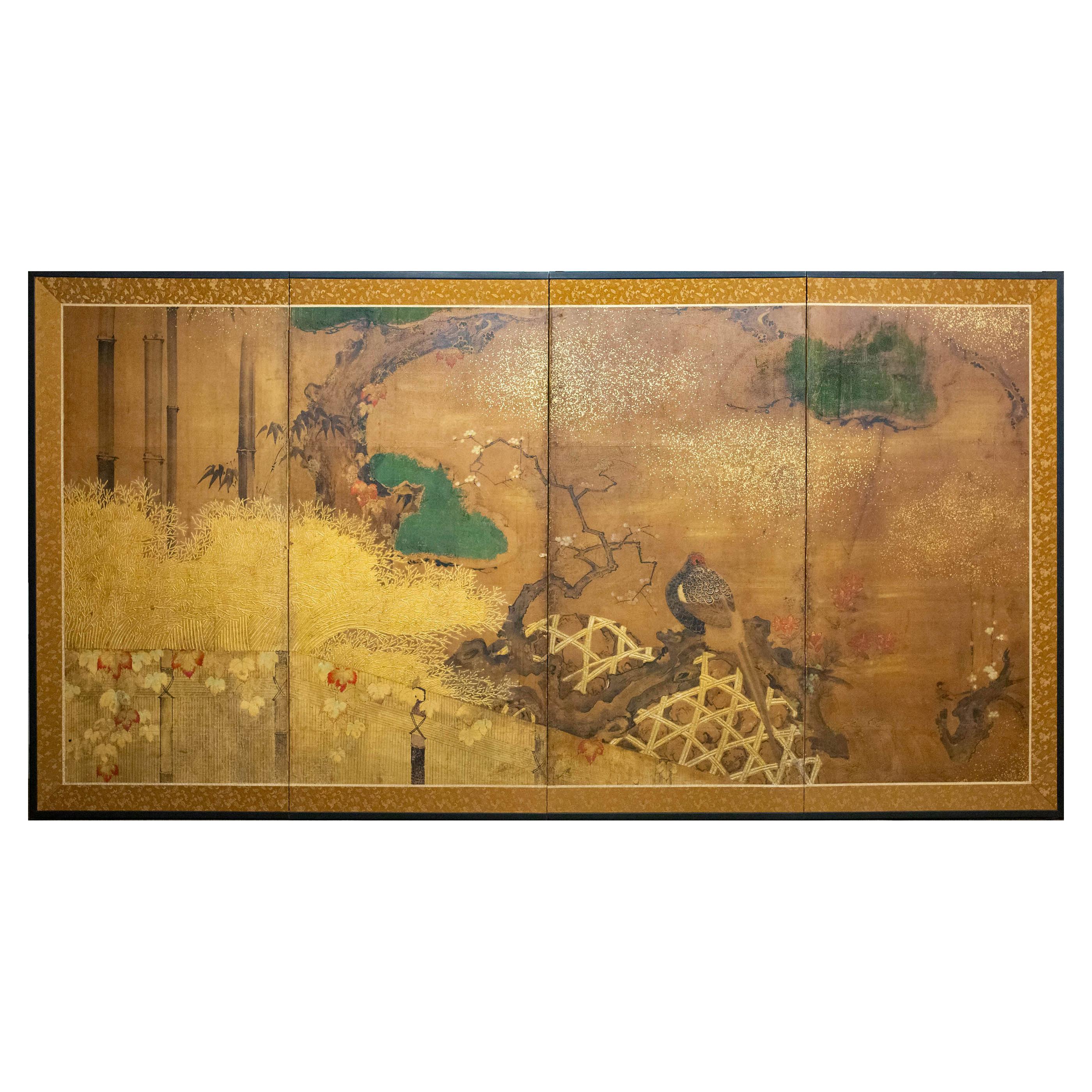 Japanese Four-Panel Screen "Rimpa Painting of Pheasant on Old Plum in Garden" For Sale