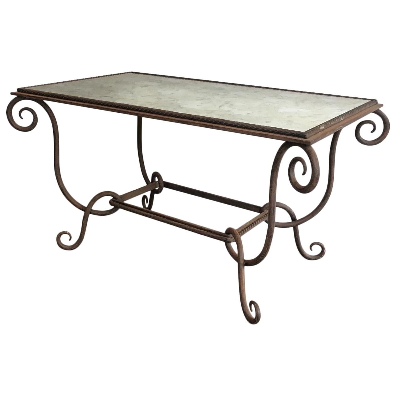 René Prou, Wrought and Hammered Iron Coffee Table with Faux-Antique Mirror Top