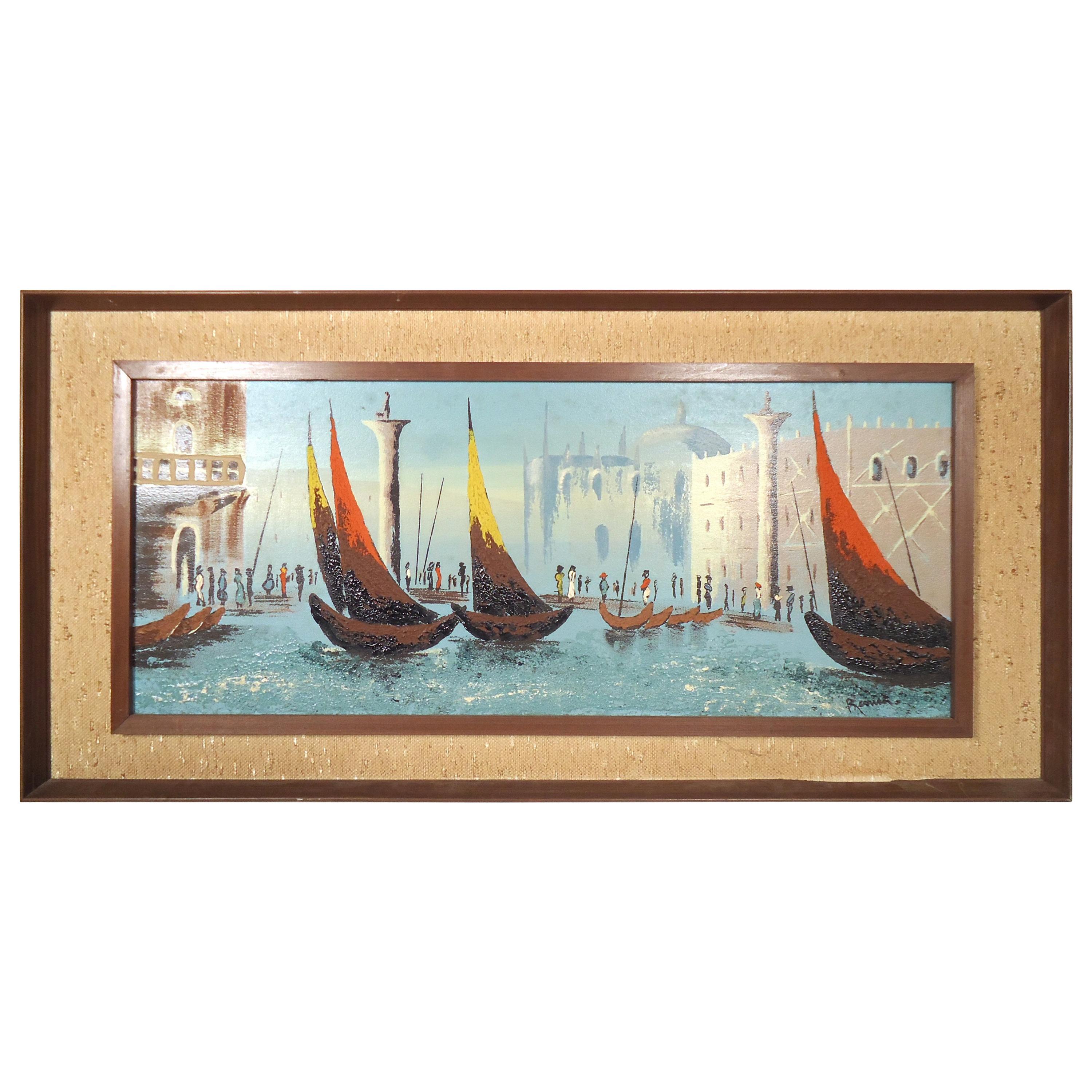 Vintage Modern Oil Painting of Boats