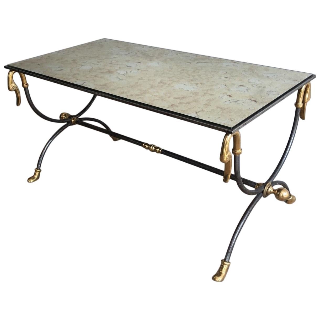 Maison Jansen Brushed Steel and Brass Coffee Table with Swanheads