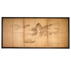 Antique Japanese Nanga School Ink on Paper Six-Panel Folding Screen