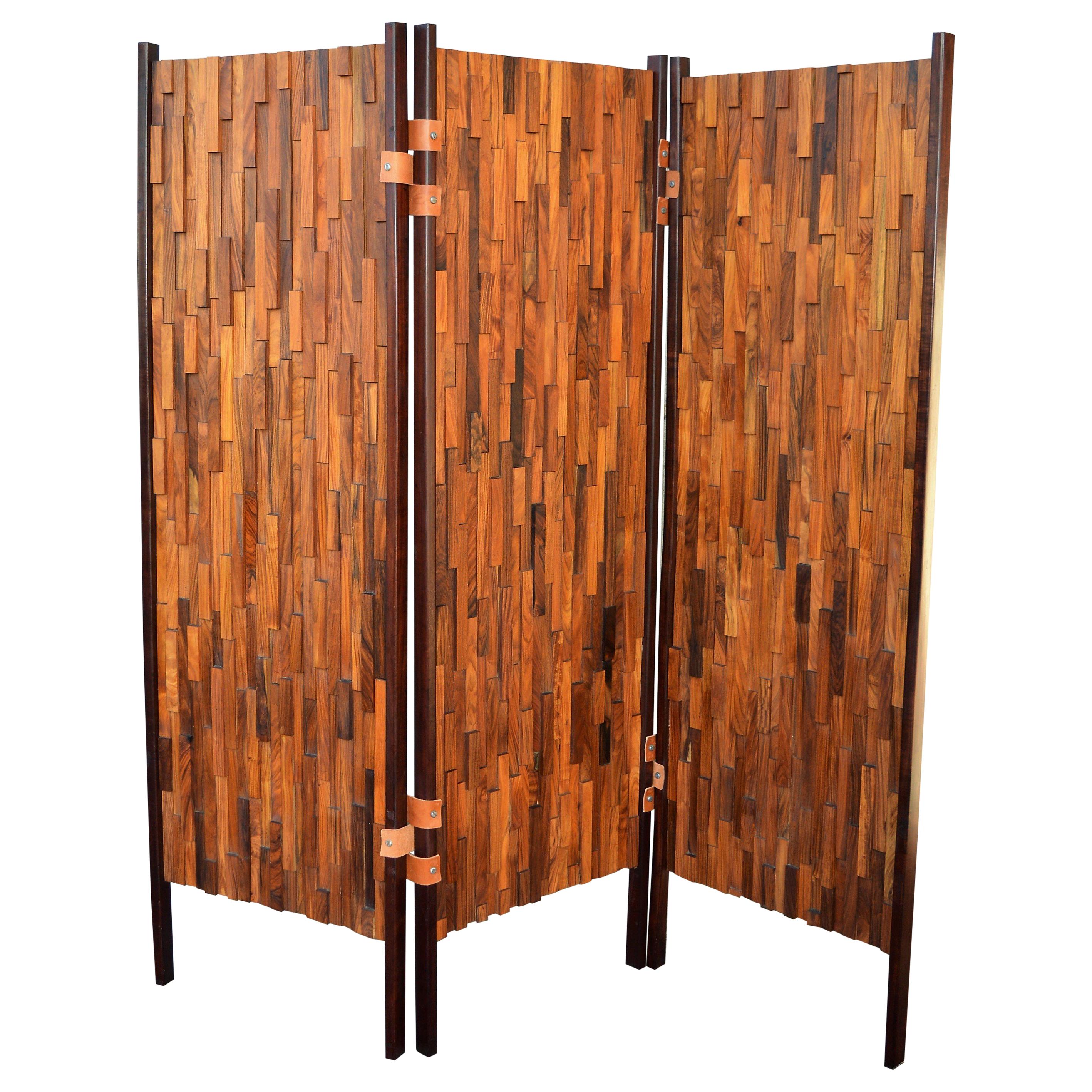 Percival Lafer Exotic Hardwood Mosaic 3-Panel Screen / Room Divider For Sale
