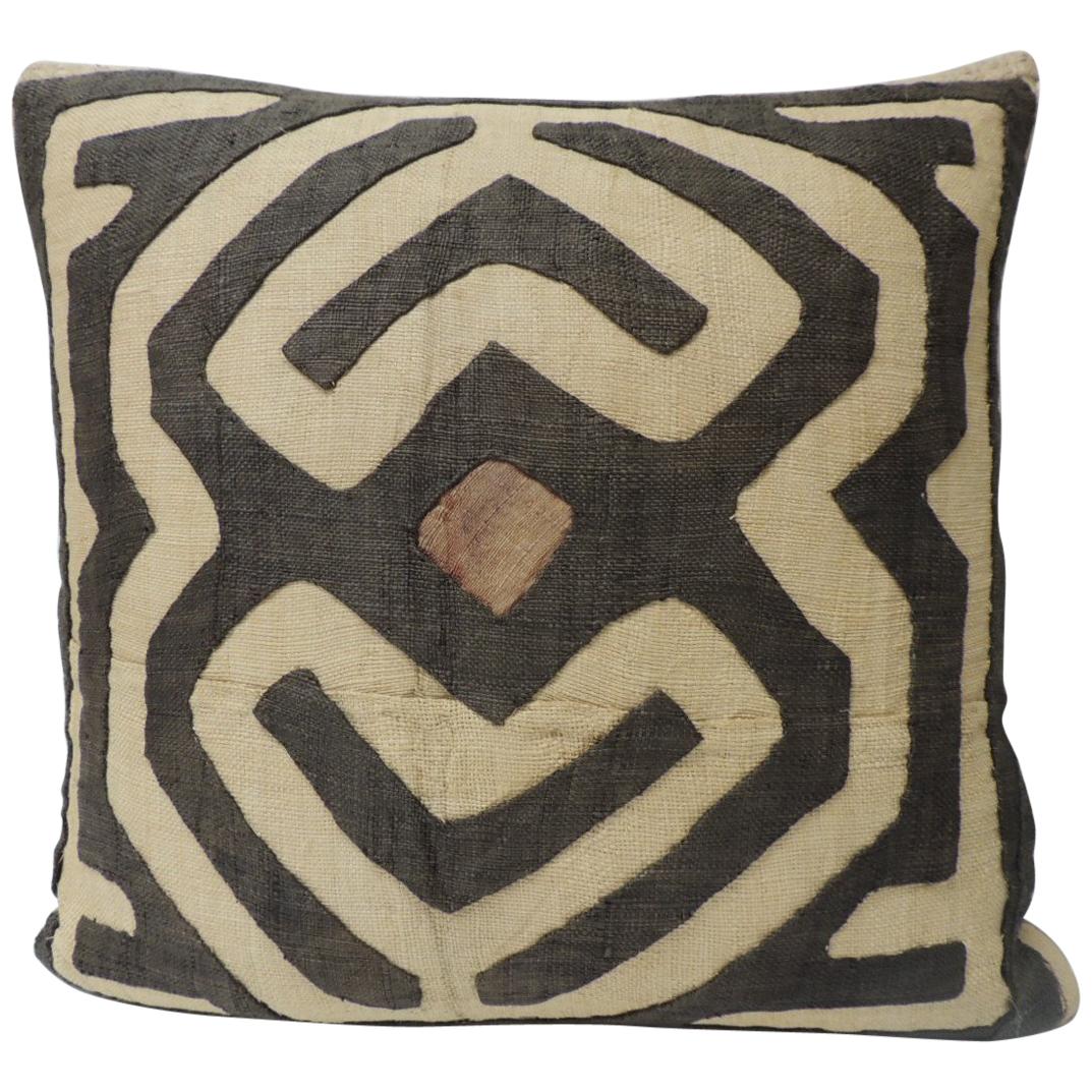 Vintage Tan and Brown Raffia Appliqué Kuba Decorative Pillow