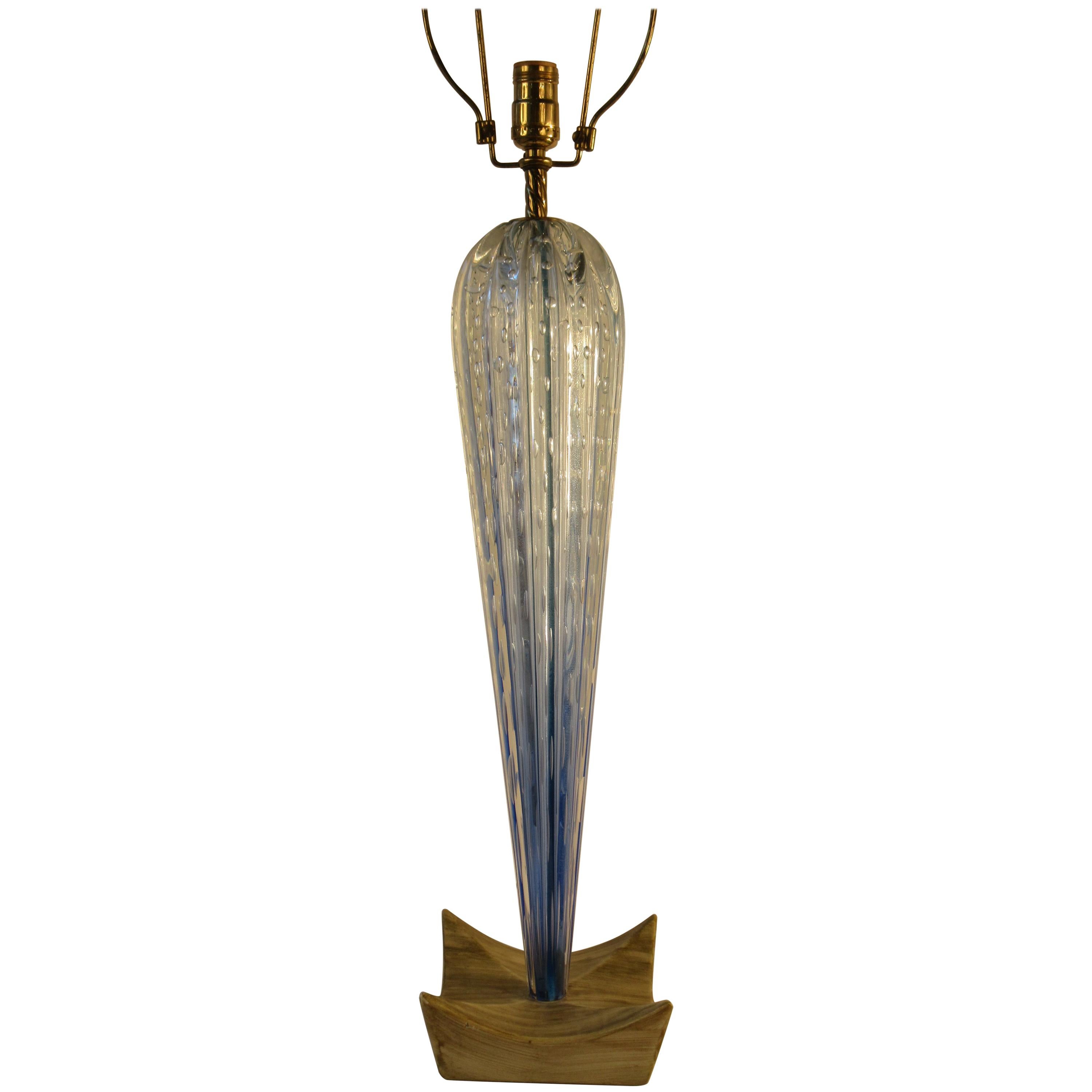 1950s Tall Blue Murano Glass Lamp on Wood Base