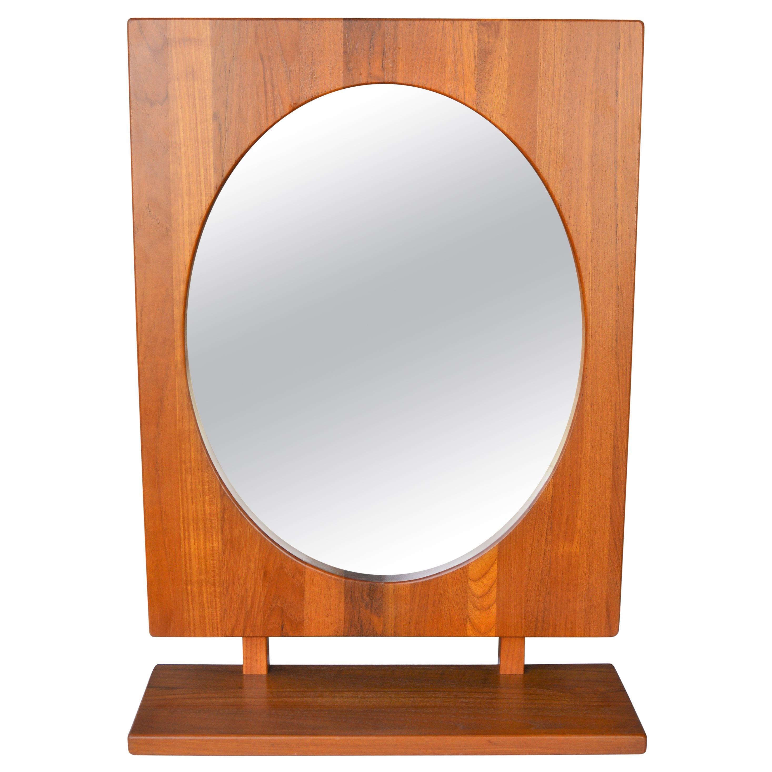 Solid Teak Table or Wall Mirror with Shelf in Oval by Pedersen & Hansen, Denmark For Sale