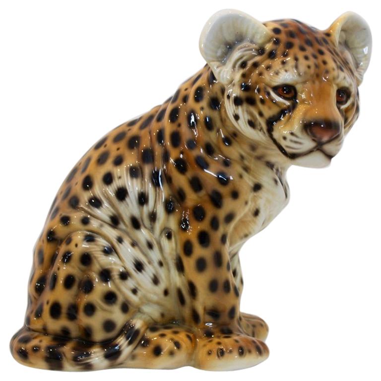 Hand Painted Porcelain Italian Puppy-Leopard Sculpture, 1970s