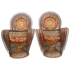 Rare Wicker Throne Peacock Chairs Medallion Back, Hollywood Glam