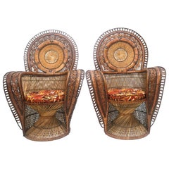 Rare Wicker Throne Peacock Chairs Medallion Back, Hollywood Glam