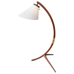 Danish Teak Arc or Bow Tripod Floor Lamp with New Bonnet Shade, Rispal Style