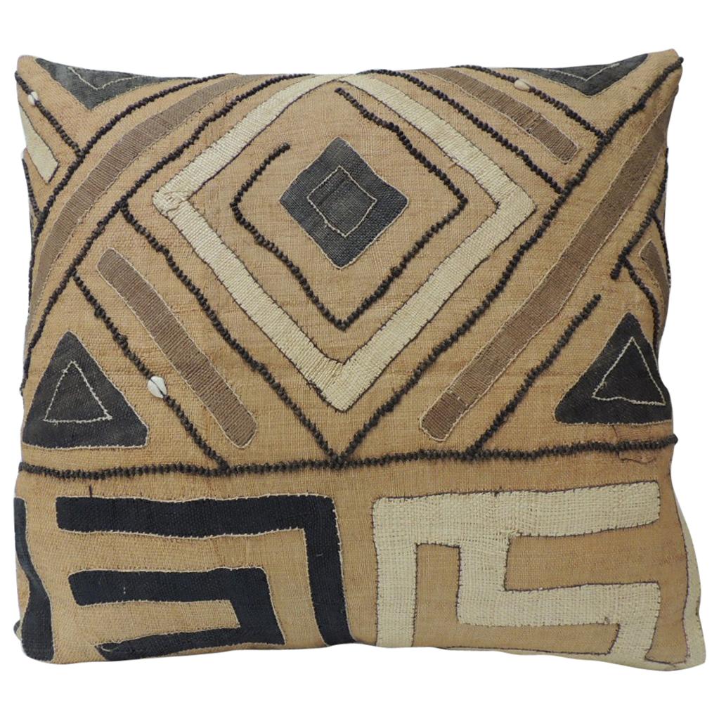 Vintage Tan and Black Raffia Appliqué Kuba Decorative Pillow