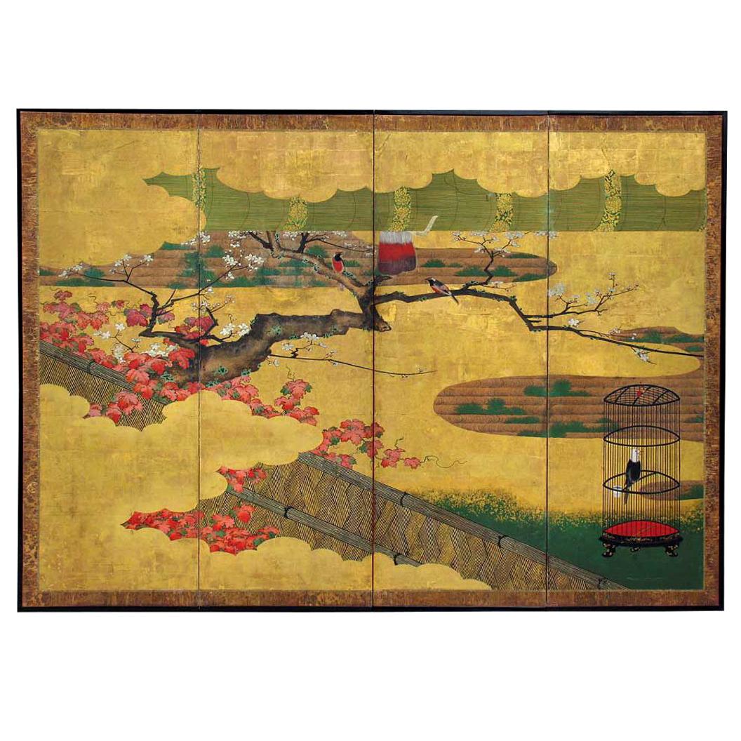 18th Century Japanese Painted and Gold Leaf Four-Panel Folding Screen For Sale
