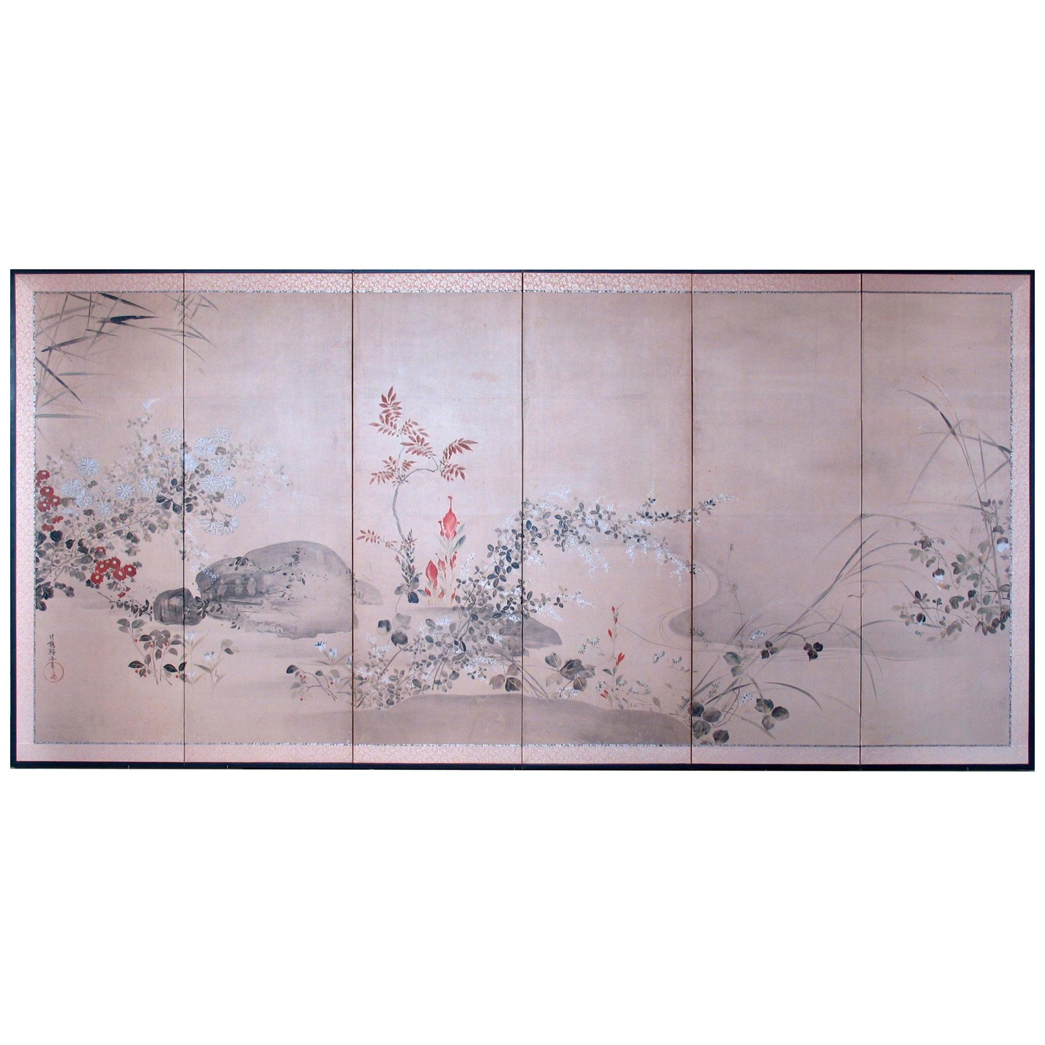 19th Century Japanese Rimpa Floral 6-Panel Folding Screen