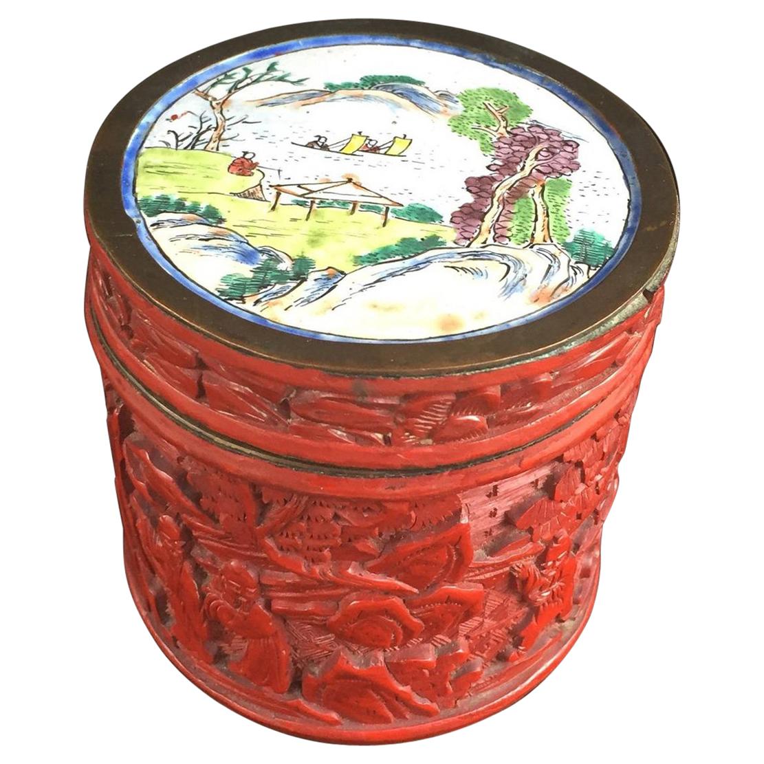 Chung Hsing Chinese Genuine Cinnabar Carved Lacquer Box, circa 1900 For Sale