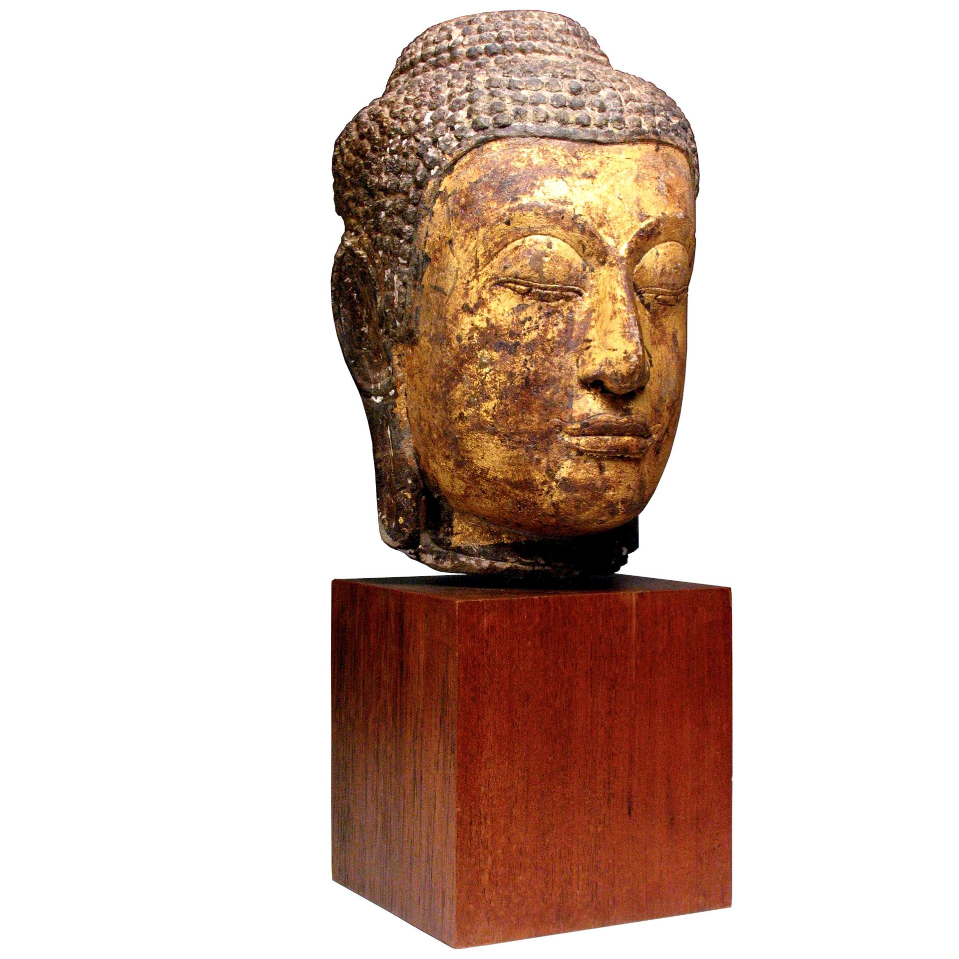 Großer thailändischer Buddha-Kopf aus Sandstein und Blattgold aus dem 14. bis 15. Jahrhundert  im Angebot