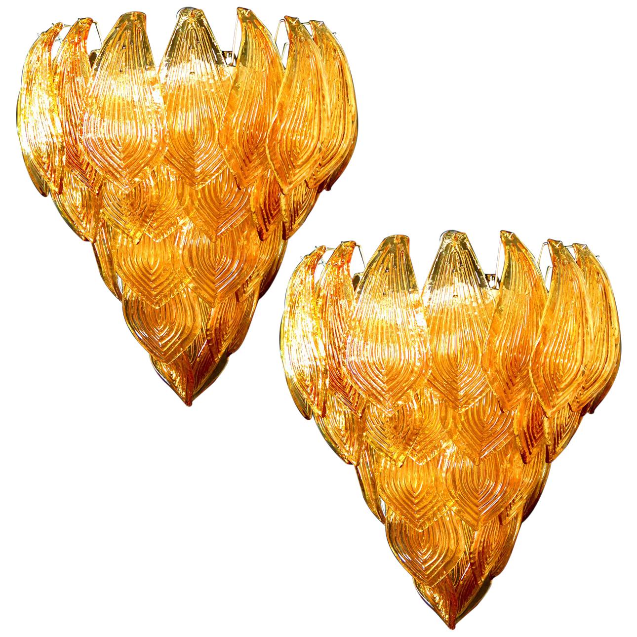 Pair of Italian Amber Petals Chandeliers, Murano For Sale