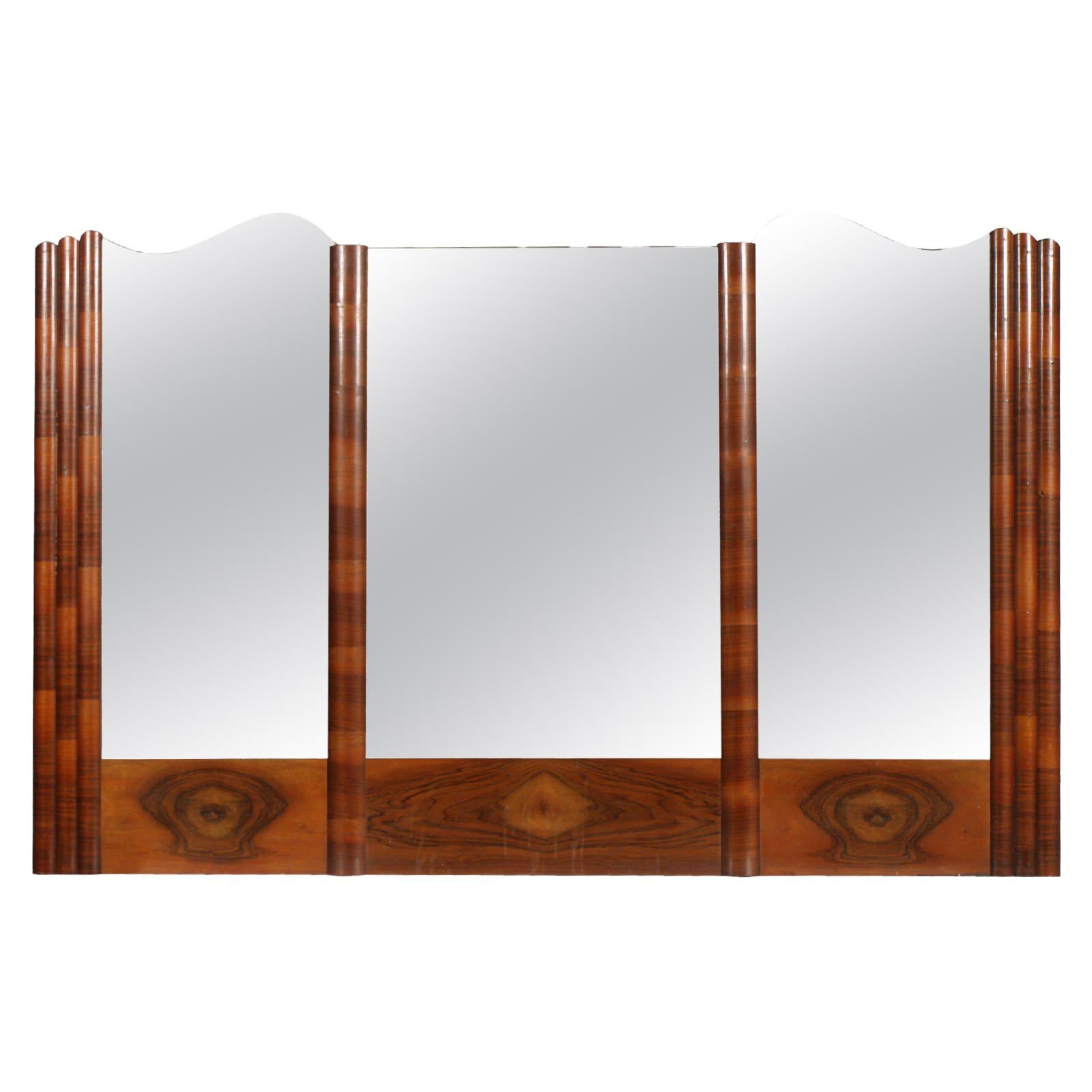Italy Large Wall Mirror Art Deco, Burl Walnut, Excellent Conditions Wax-Polished