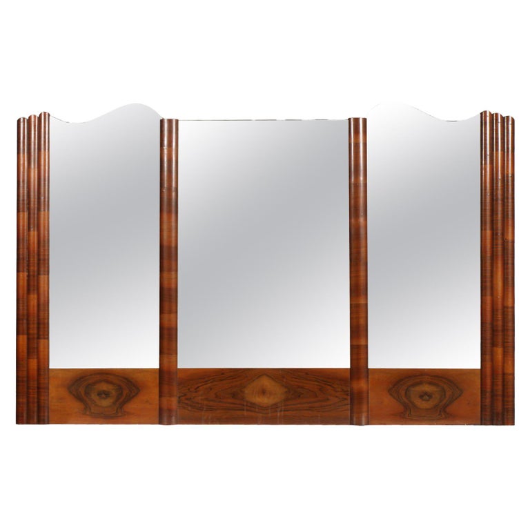 Italy Large Wall Mirror Art Deco, Burl Walnut, Excellent Conditions Wax-Polished For Sale