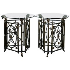 Vintage Pair of French Empire Figural Pub Style Bronze and Glass Tall Breakfast Tables