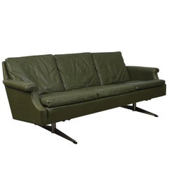 Danish Mid-Century Modern Green Leather Sofa with Metal Legs
