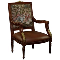 Louis XVI Style Parcel-Gilt and Tapestry Carved Mahogany Armchair, 20th Century