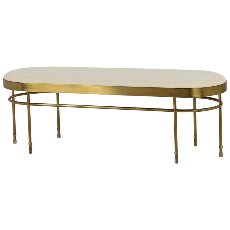 Art Deco Inspired Curved Bench Upholstered In Premium Wool With Brass Finishes For Sale At 1stdibs