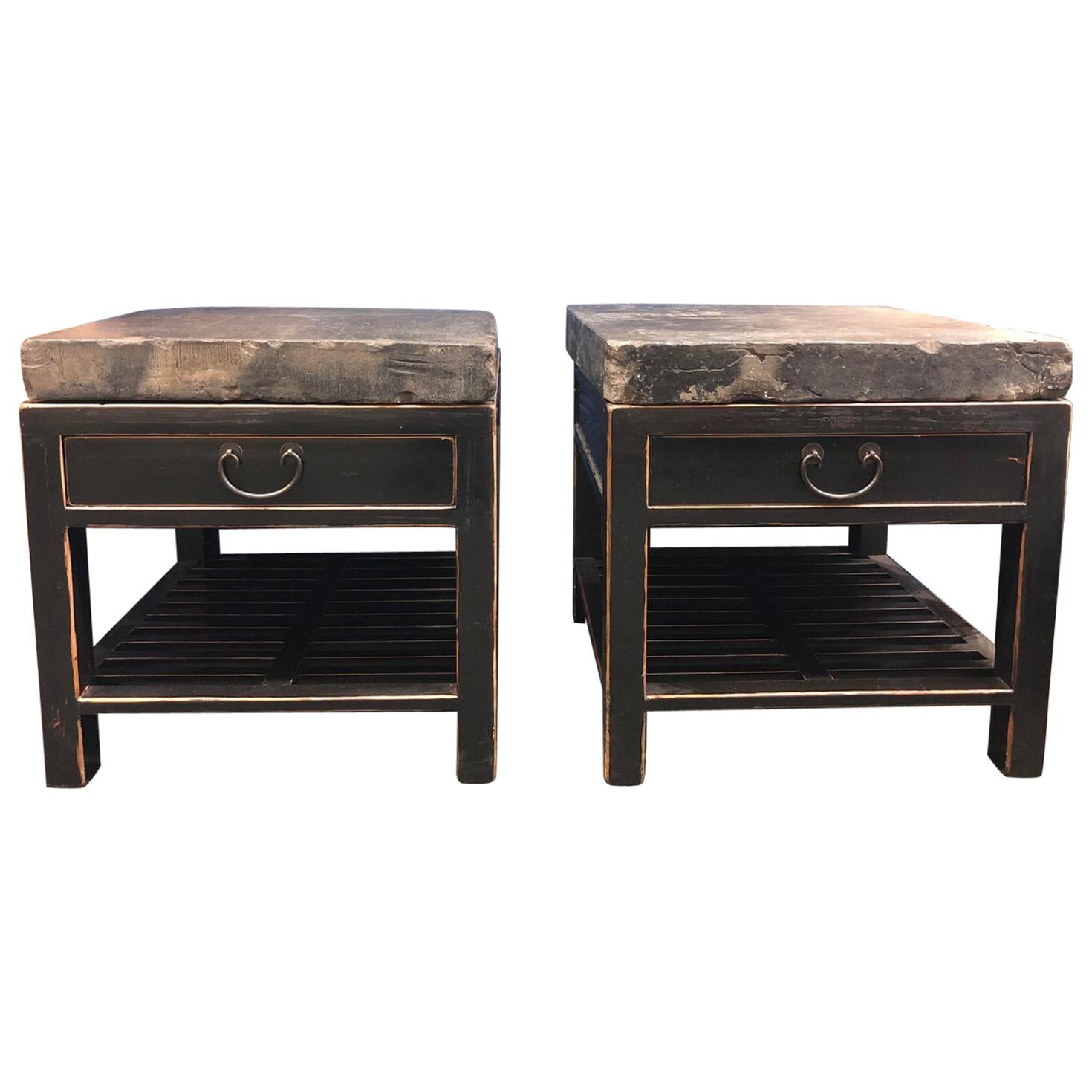 Chinese Stone Top Side Tables or Nightstands, a Pair