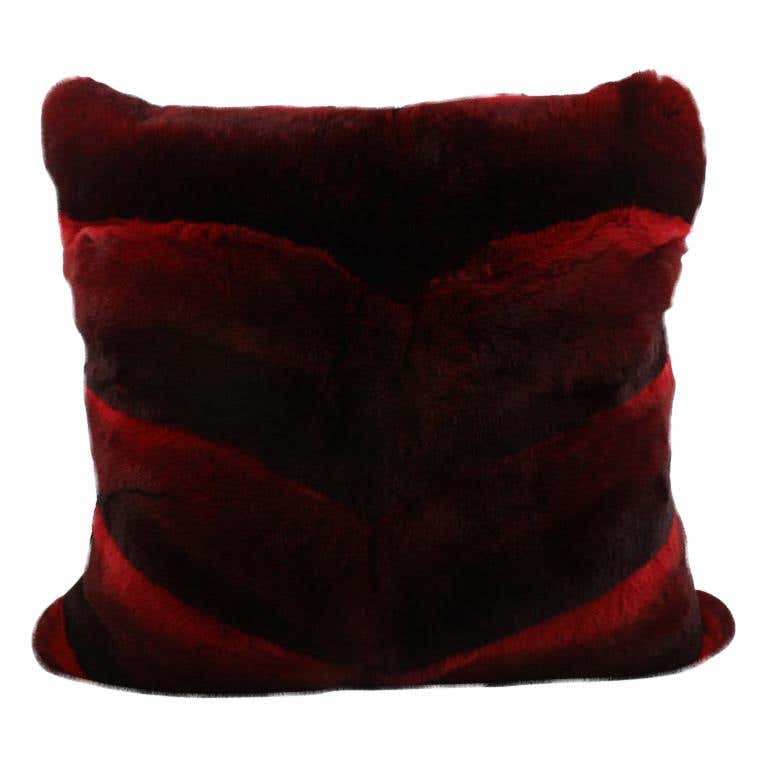 Chevron Red Castor Rex Rabbit Fur Pillow Euro Cushion For Sale at 1stDibs