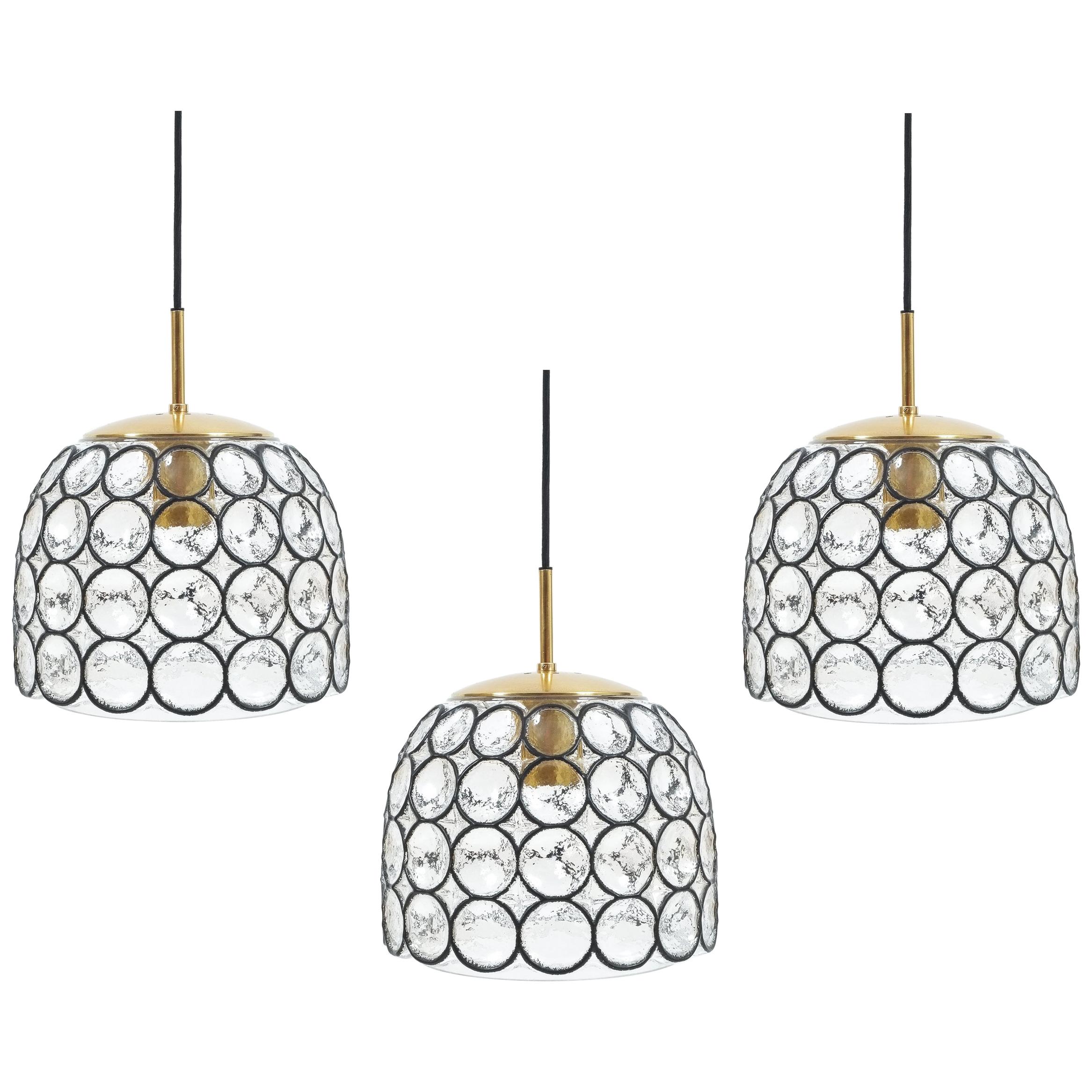Refurbished Limburg One of Two Large Midcentury Iron and Glass Pendant Lamps