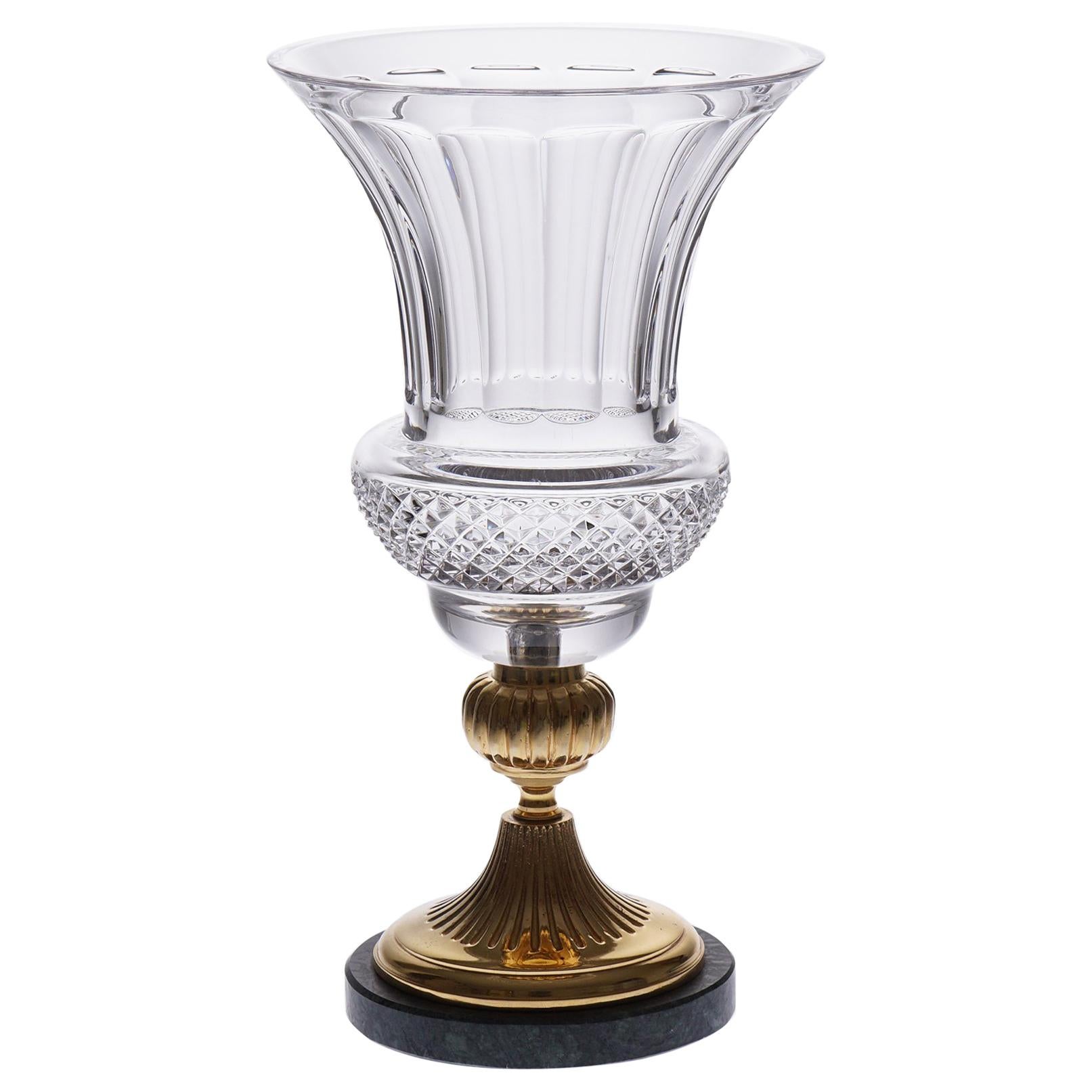 Clear Crystal Vase with Bronze Gold Platted and Marble For Sale