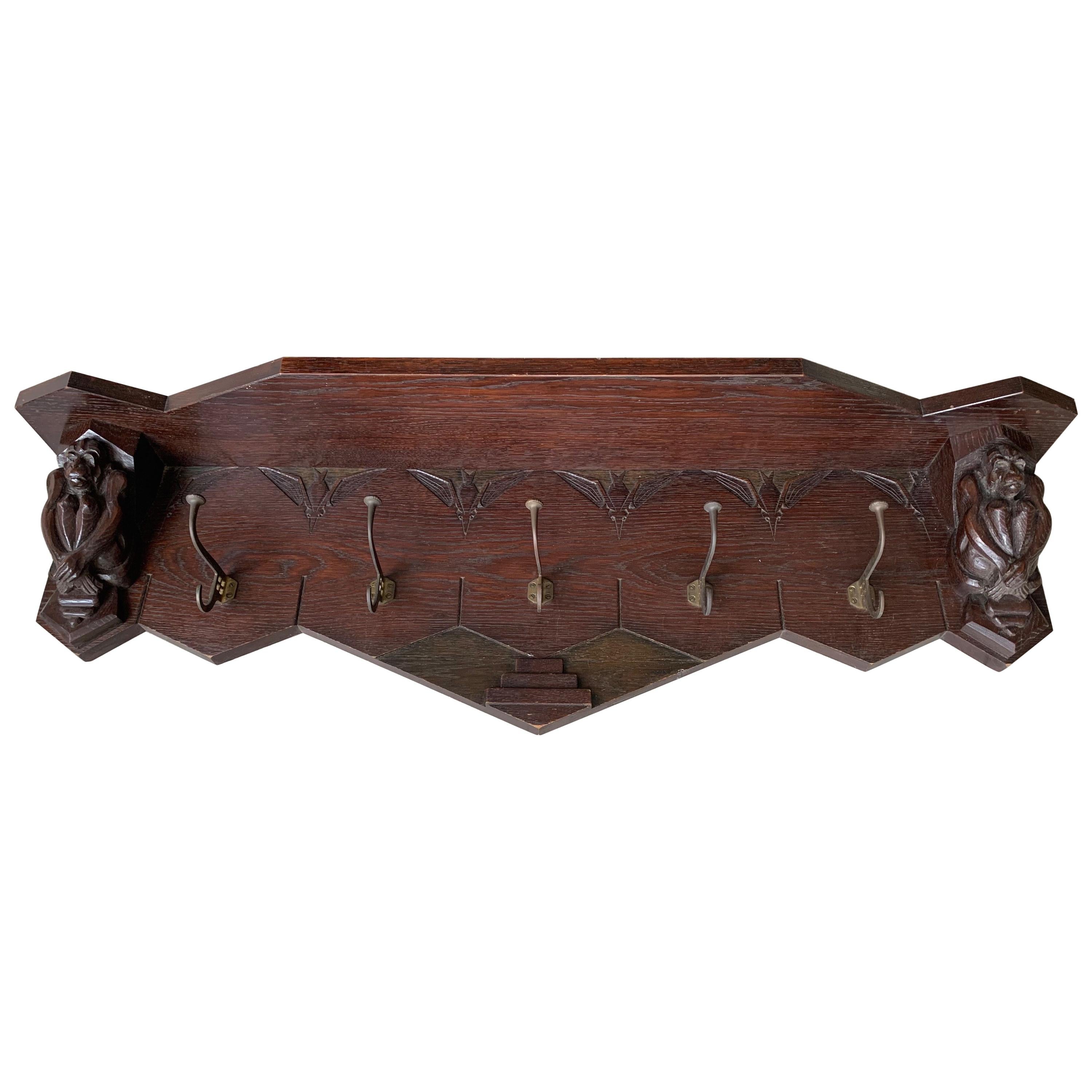 Dutch Arts & Crafts Wall Coat Rack w. Carved Monkey & Stylized Birds Sculptures For Sale