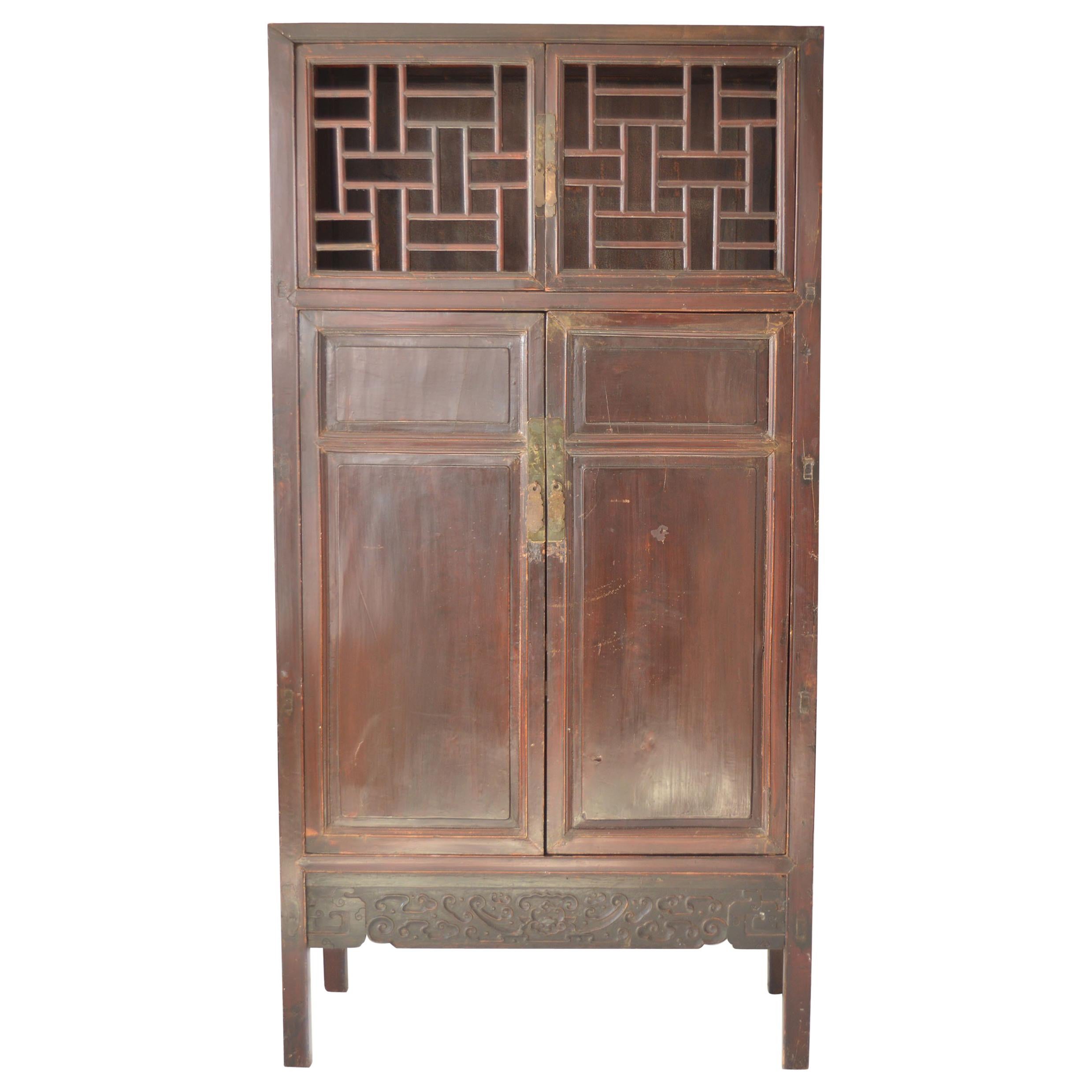Antique Chinese Lacquered Cabinet with Lattice Work Doors, 19th Century