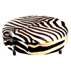 Zebra Hide Ottoman, Chocolate & Cream, Round, Contemporary, in Stock, New Hides