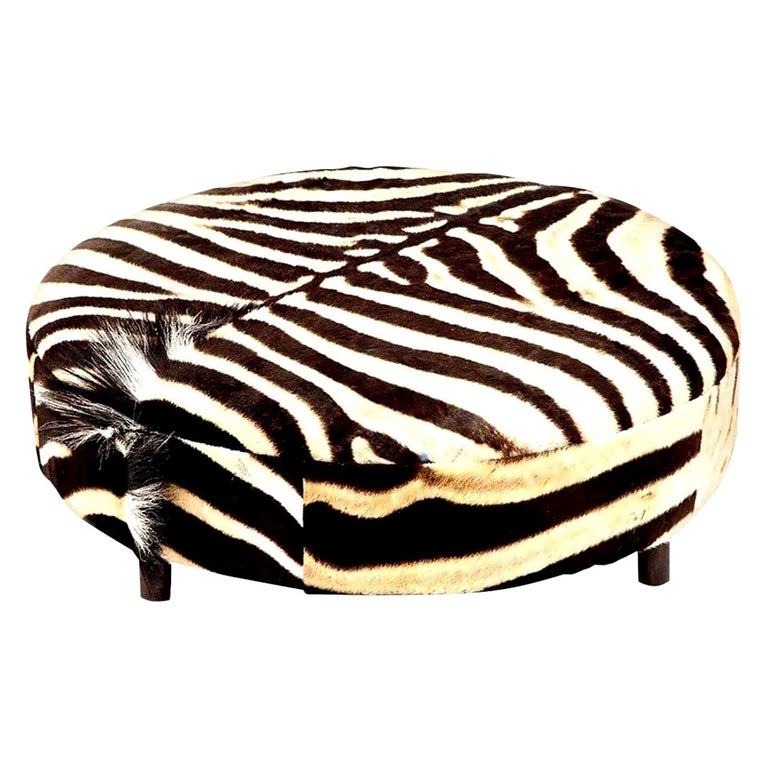 Zebra Hide Ottoman, Chocolate & Cream, Round, Contemporary, New Hides, USA made For Sale