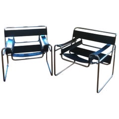 Vintage Breuer's Style Mid-Century Modern Chromed Tubular Steel Black Club Chairs, 1970s