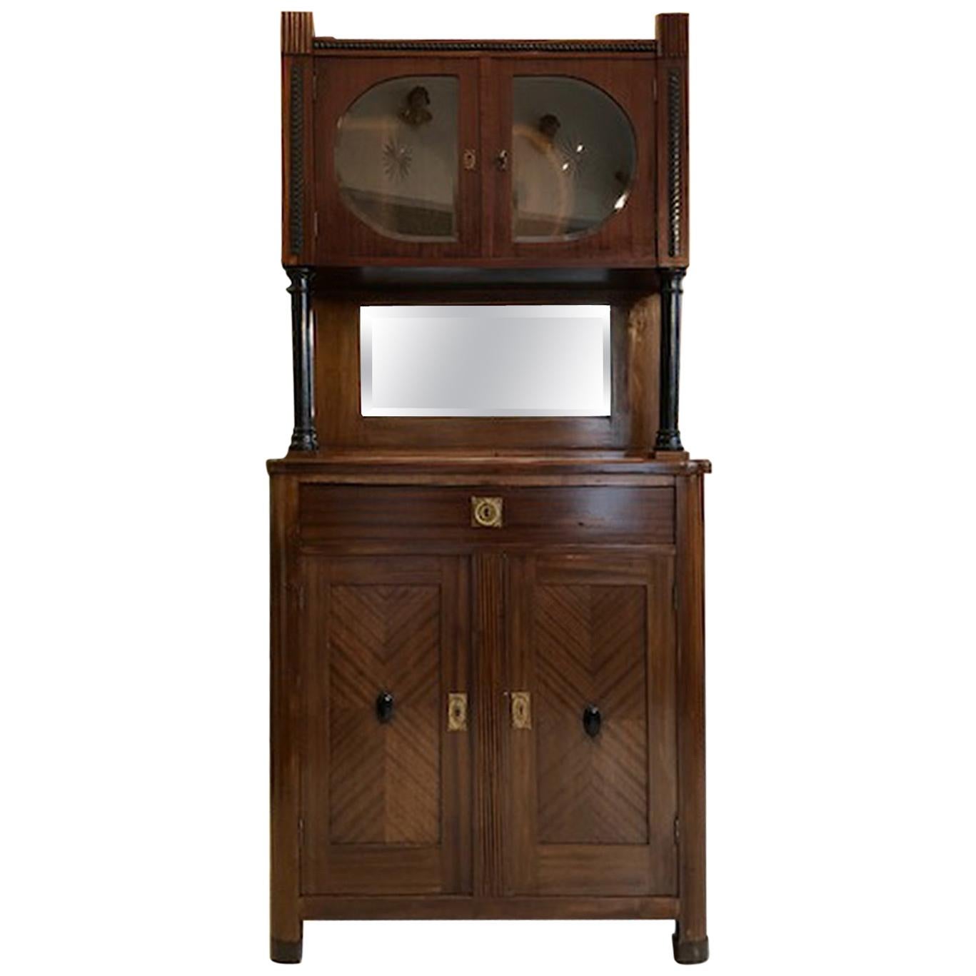 Dark Walnut Bookshelf Original Art Deco Cabinet with a Central Mirror