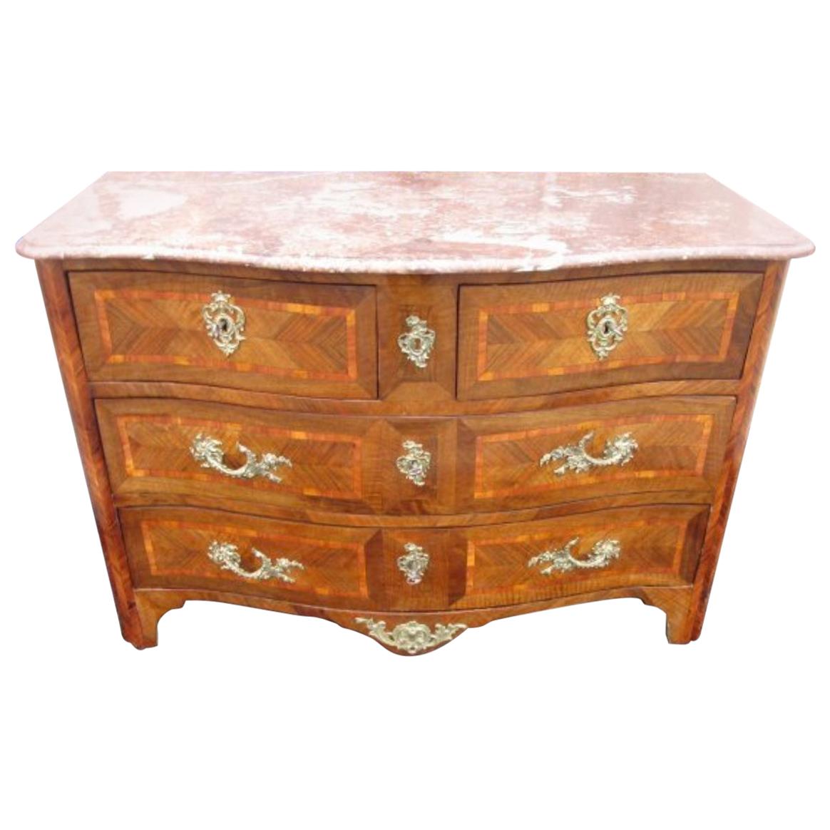 Curved Antique Baroque Chest of Drawers with Marble Top, 1780s For Sale