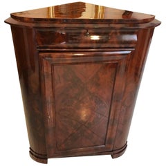 Antique Restored Biedermeier Corner Cupboard with Stunning Dark Brown Walnut Burl