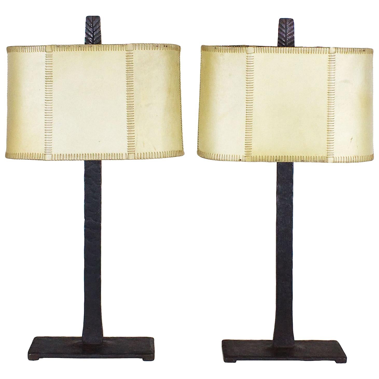 1950s Pair of Table Lamps, Wrought Iron, Parchment, Barcelona