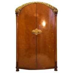 Original Art Deco Armoire or Wardrobe with Brass Ornamentations