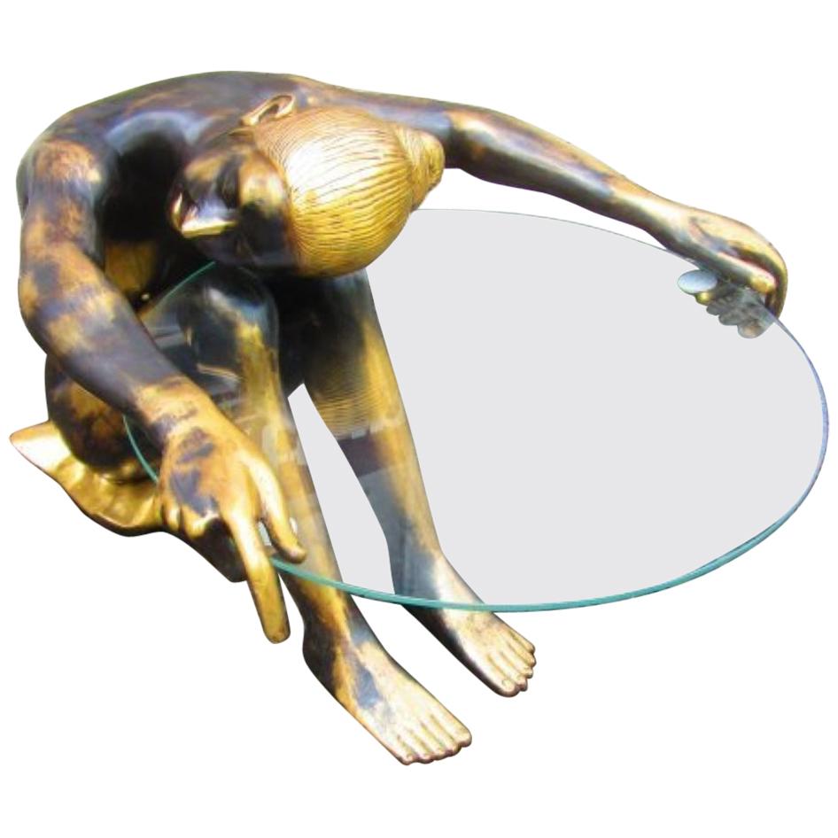 Sitting Lady Bronze Figure with Glass Tabletop, 1920s For Sale