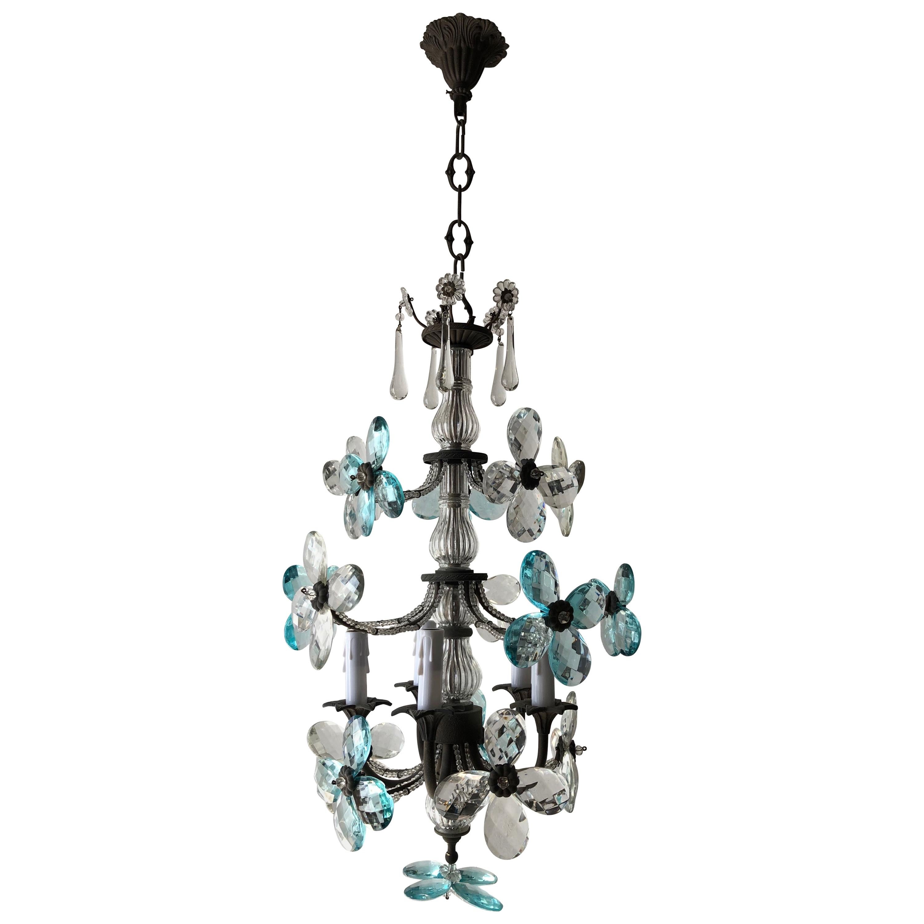 French Maison Bagues Style Aqua Blue Clear Crystal Prism Flowers Chandelier 1900