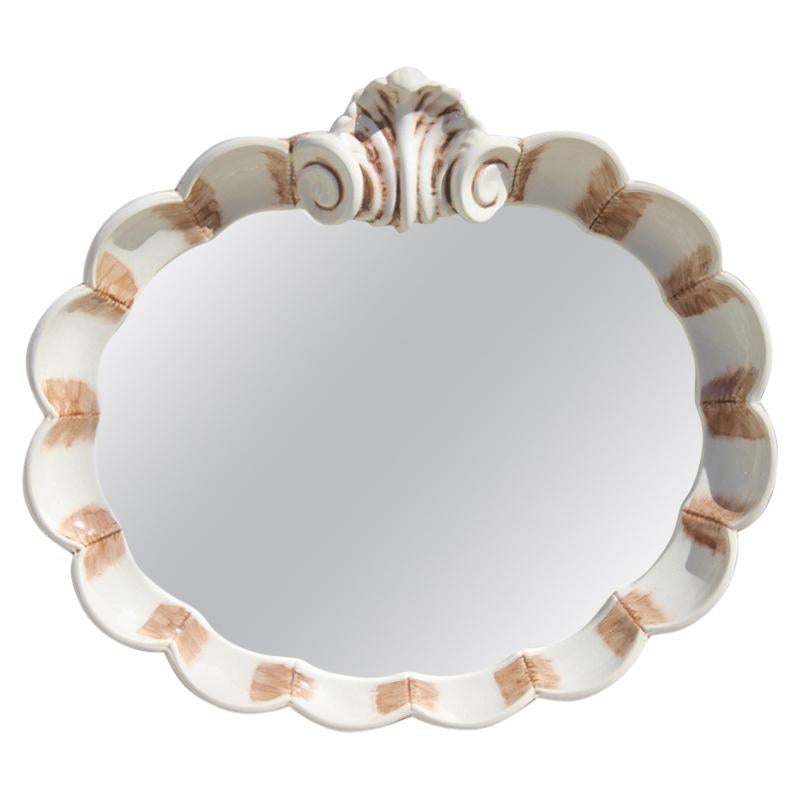 Baroque Style Decorative Ceramic Mirror with Shell White Brown Shades Midcentury For Sale