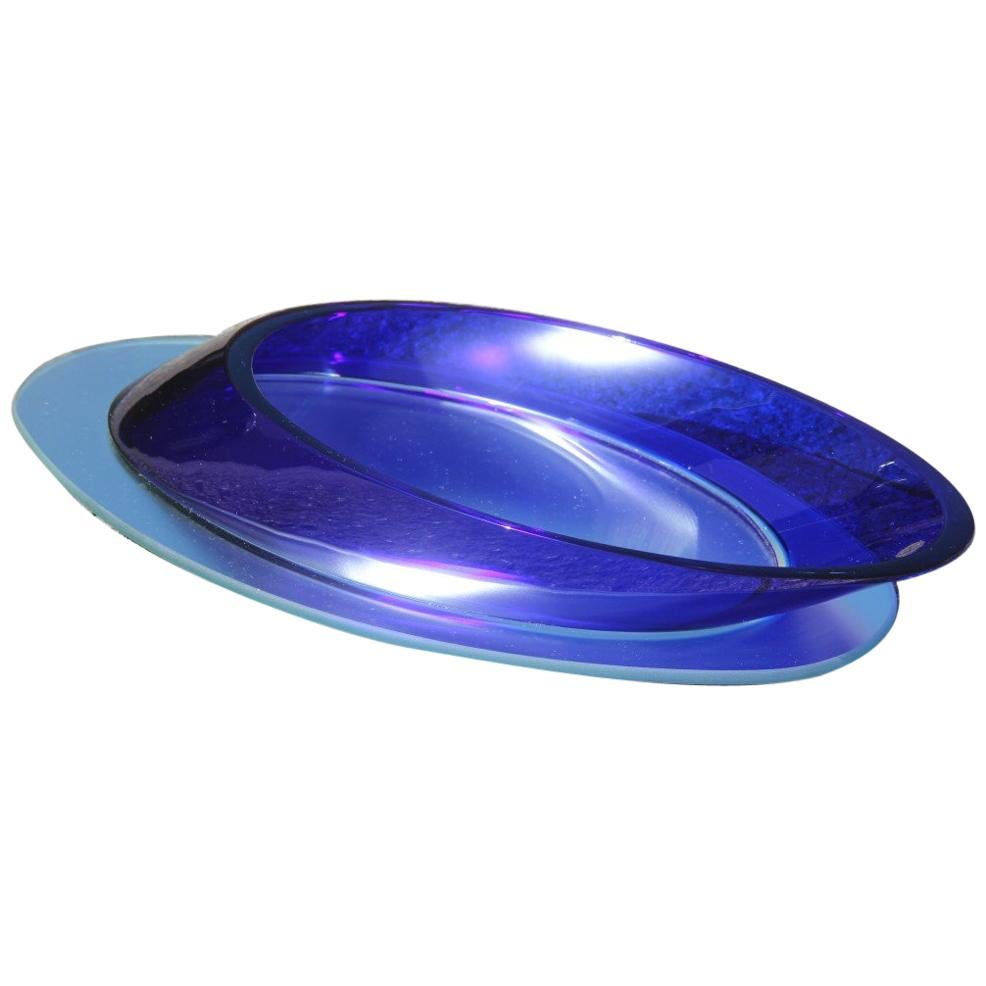 Large Oval Bowl Blu Cobalt Crystal Italian Design 1980 Mirror Satin Base For Sale